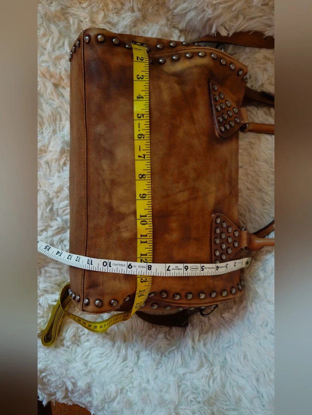 Unbranded Studded Tan Distressed Faux Leather Satchel Handbag w/Crossbody Strap